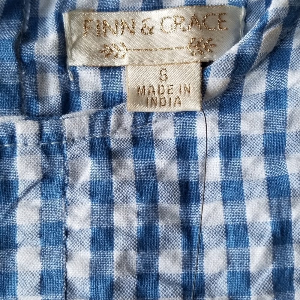 Finn & Grace Blue White Picnic Pattern Tie Front S - Picture 6 of 9